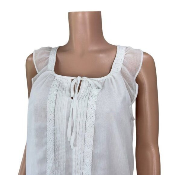 ELLE Women SZ L White Sleeveless Blouse Pleated Front-Tie Neck- Lined-Casual - Picture 3 of 14